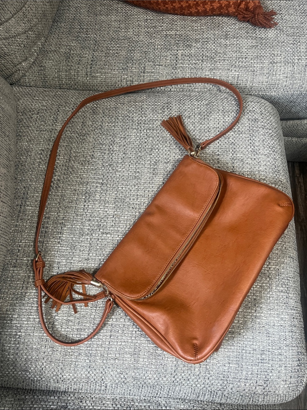 Classic Tan Leather-Style Tassel Crossbody Bag